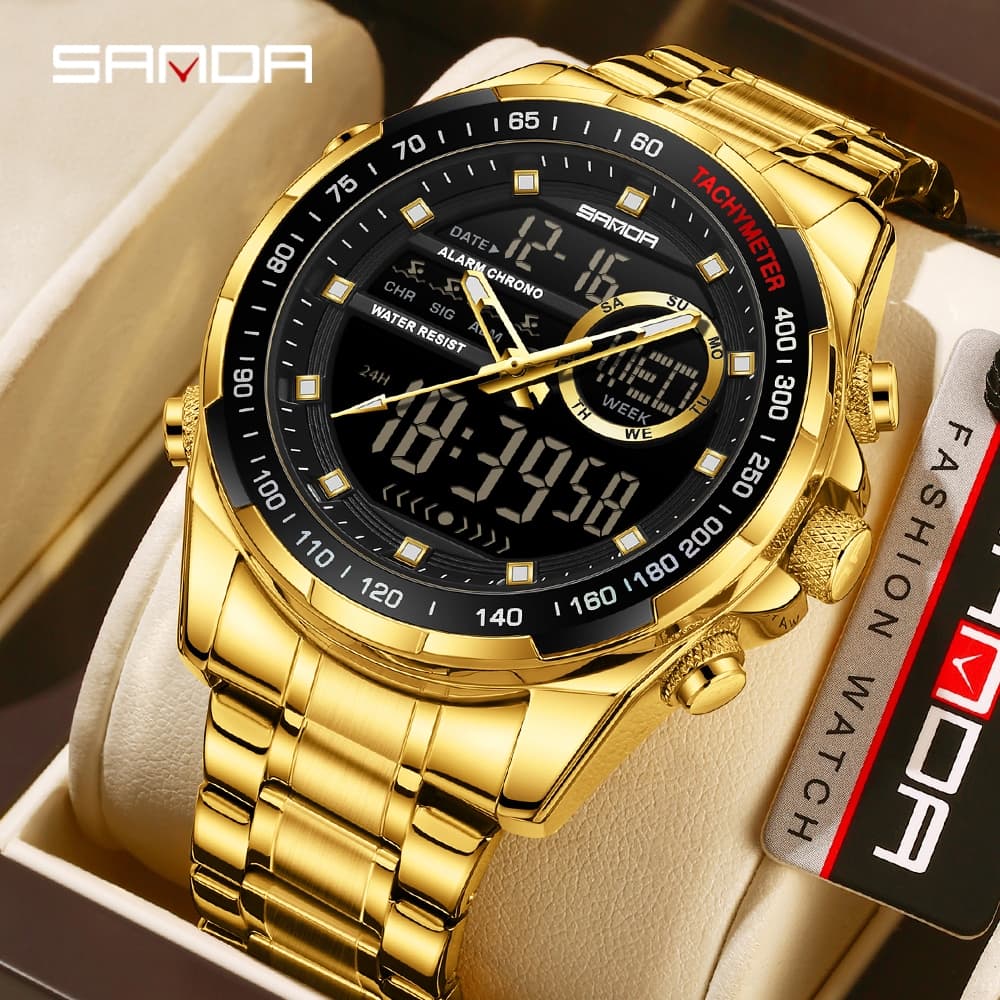 SANDA 6318 Relógio Eletrônico Masculino Moda Esportes Multifuncional À Prova D'água Grande Mostrador De Três Pinos-31