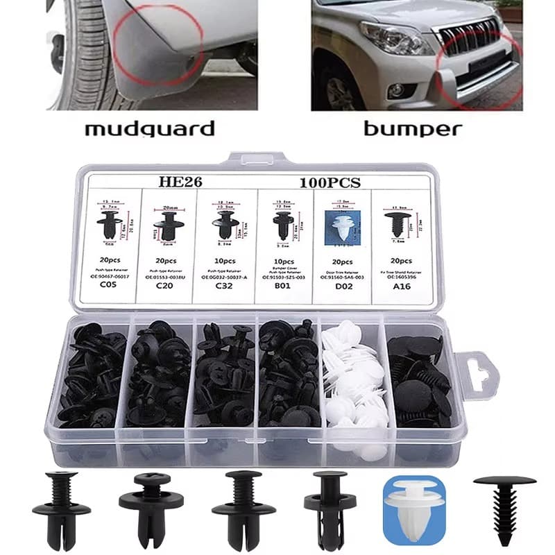 Kit Jogo 100 Peças Grampo Presilha Automotivo: Para Reparo De Revestimento Carro, Choque, Painel E Porta