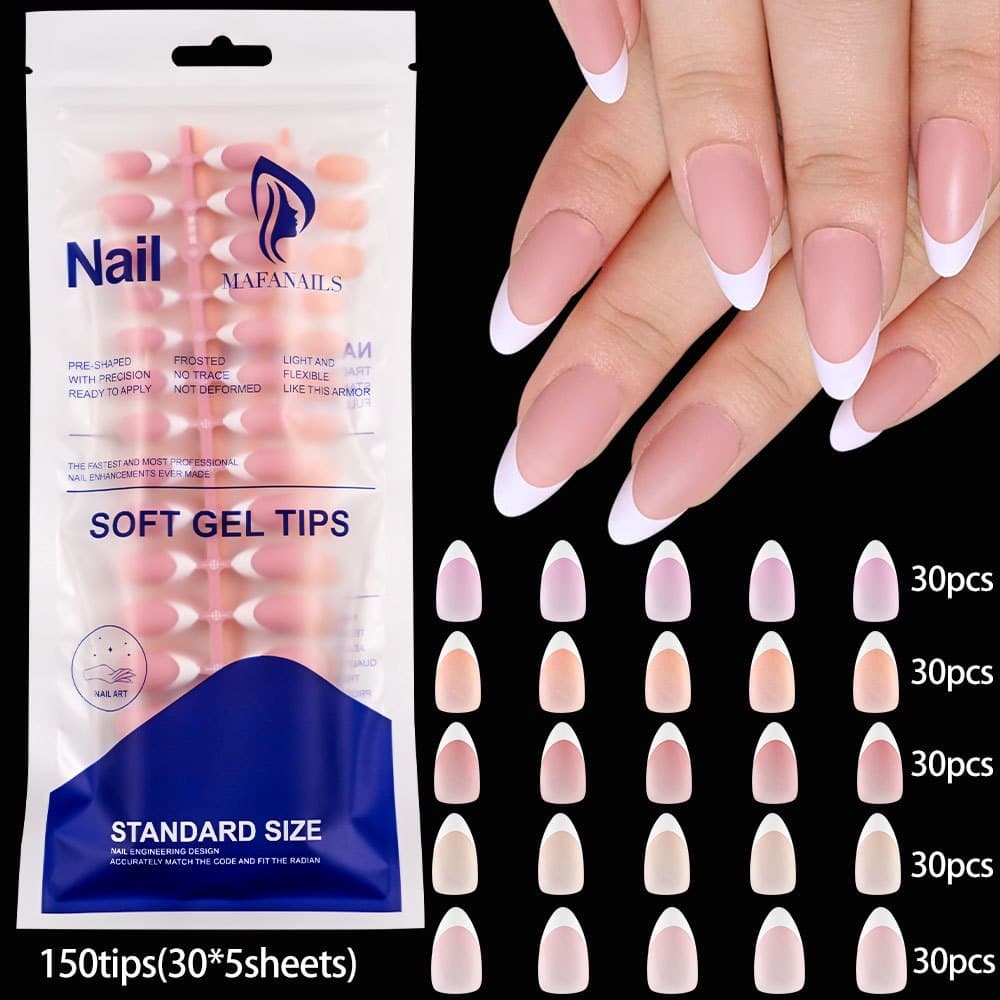 150 Peças De Unhas Postiças , De Amêndoa Com Gotas De Água Foscas Estilo Francês Branco Arte Coloridas De Carne Rosa nud