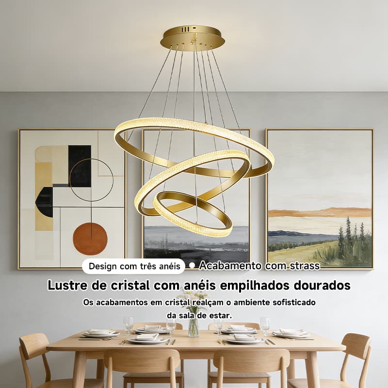 Lustre Suspenso Com 3 Anéis De Ouro LED Tricolor De Cristal De Luxo Para Sala De Estar , Jantar , Quarto