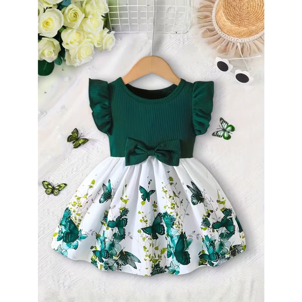 Vestido Bebê Menina 3 Meses a 3 Anos Verde Estampado Borboleta Presente Festa Aniversário Batizado