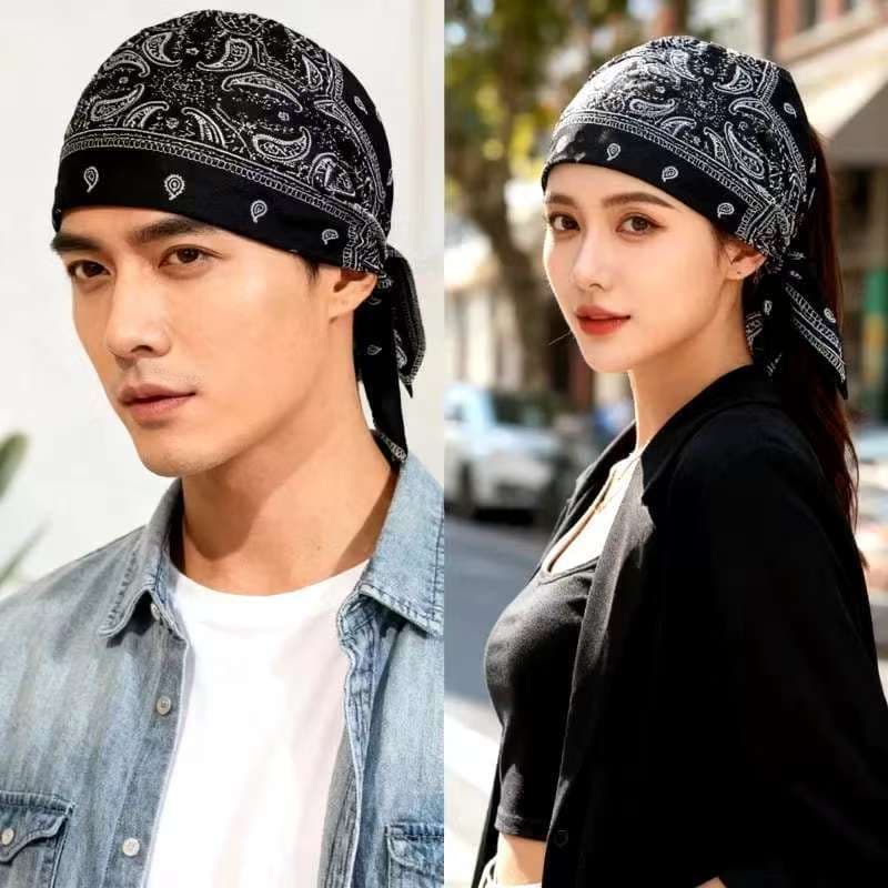 Bandana Seda Retrô Paisley Preto Branco – Elástico Ajustável Resistente Sol Unissex Motociclistas Praia
