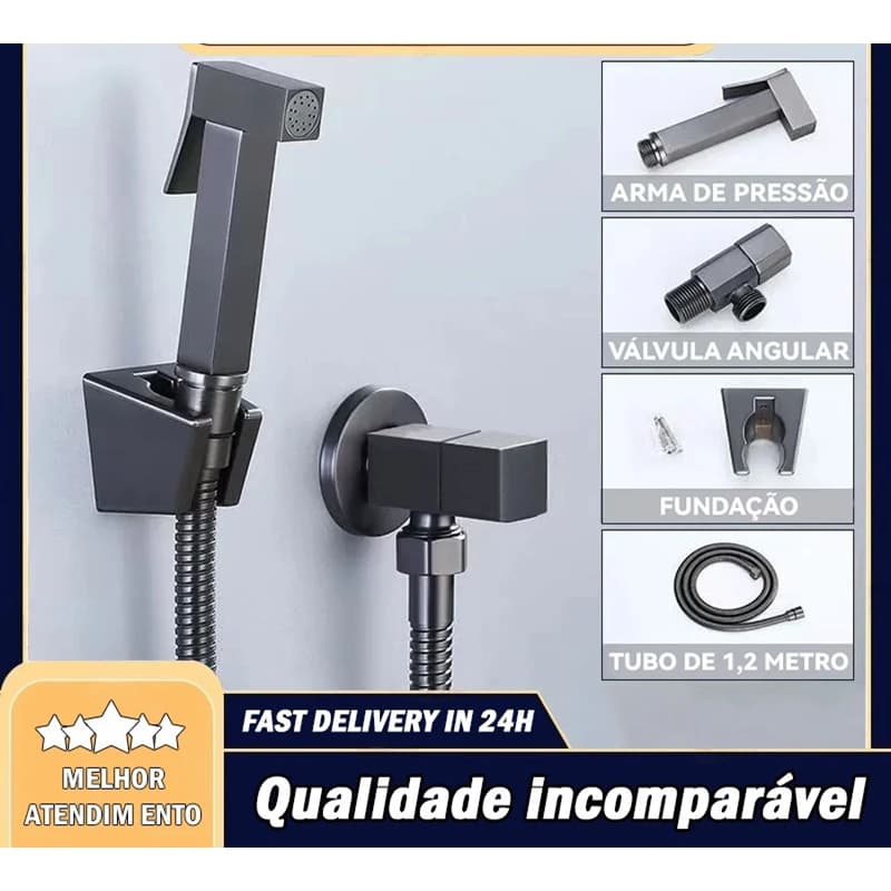 Ducha Higiênica Quadrada Super Luxo Metal Completa ¼ Volta Preto