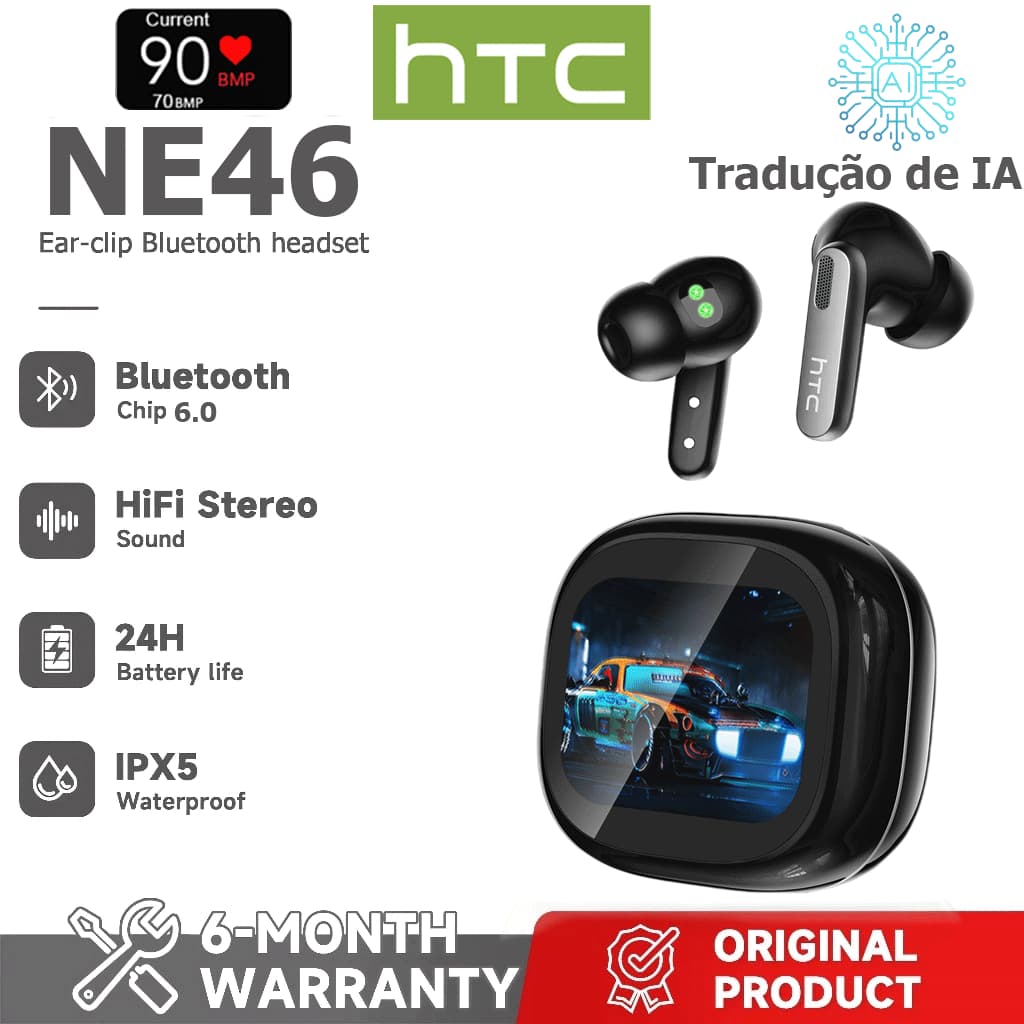 1 ano de garantia HTC NE46 AI Tradução Tradução em tempo Real Monitoramento de frequência cardíaca TWS Fone de ouvido Bl