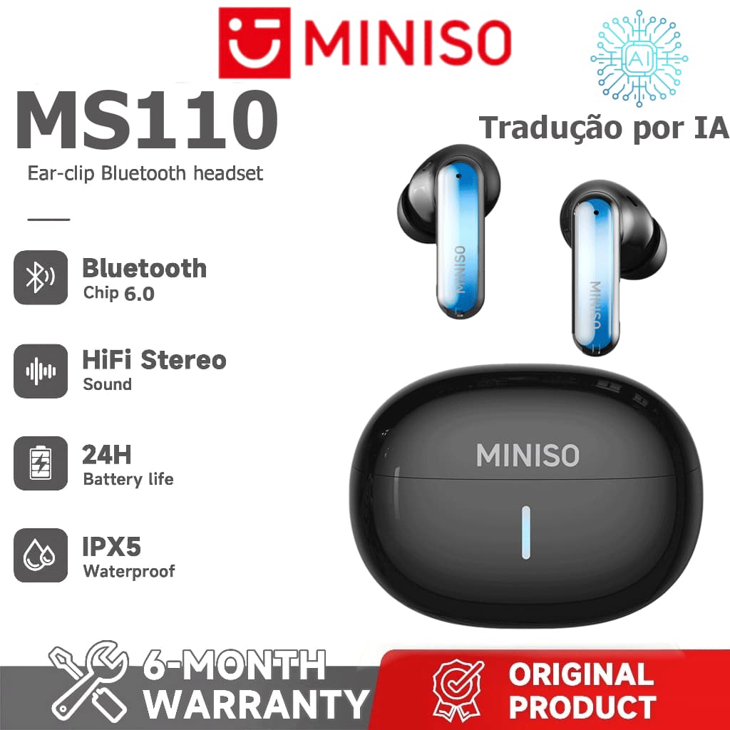 1 ano de garantia MINISO MS110 Fone de ouvido para tradução de idiomas AI Fone de ouvido Bluetooth sem fio OWS Suporte 1