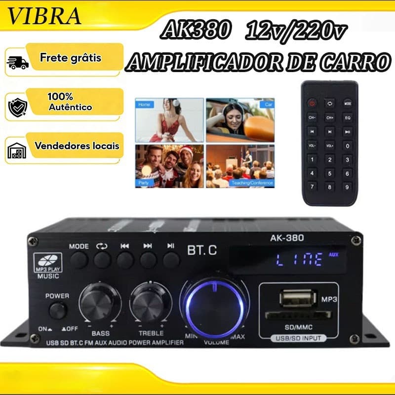 Amplificador AK-380 800W HiFi Áudio Karaokê 2 Canais Classe D Potência USB SD Entrada AUX