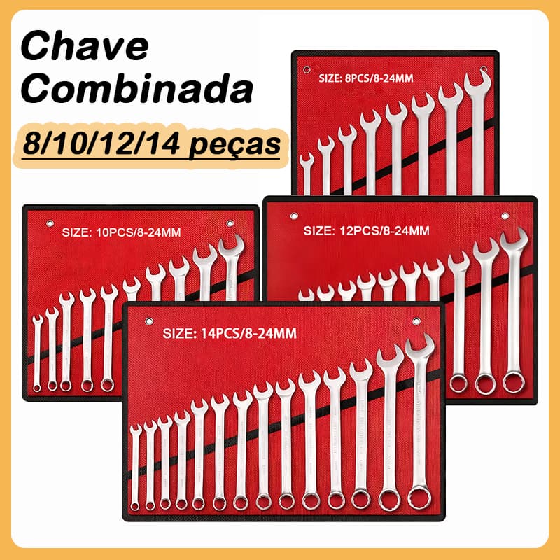 Jogo Chave Combinada Chave fixa Aço cromo vanádio 8 - 10 - 12 e 14 Peças Qualidade e profissional