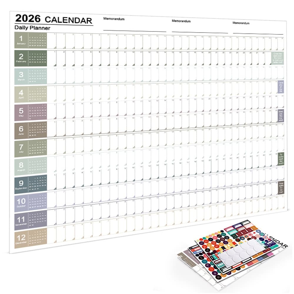 Calendário De Parede Anual 2026 , Ano Inteiro , Uma Página , Planejador , Plano Diário De Papel Com 2 Folhas De Adesivos