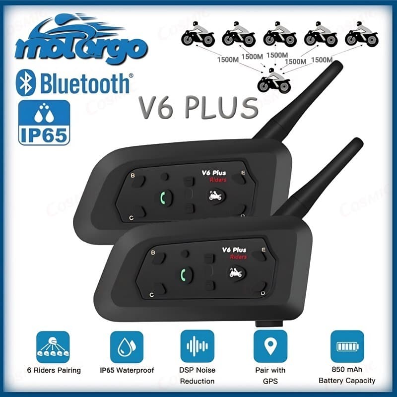 V6 Plus Mais Fone De Ouvido Intercomunicador De Capacete De Motocicleta Bluetooth Com Interfone BT De 1500M Para 6 Pilot