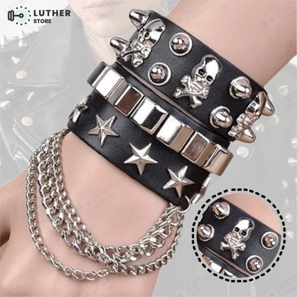 Conjunto De Pulseiras De Couro Preto Punk Tendência Para Mulheres Homens Rock Gótico Rebite Pulseira Acessórios
