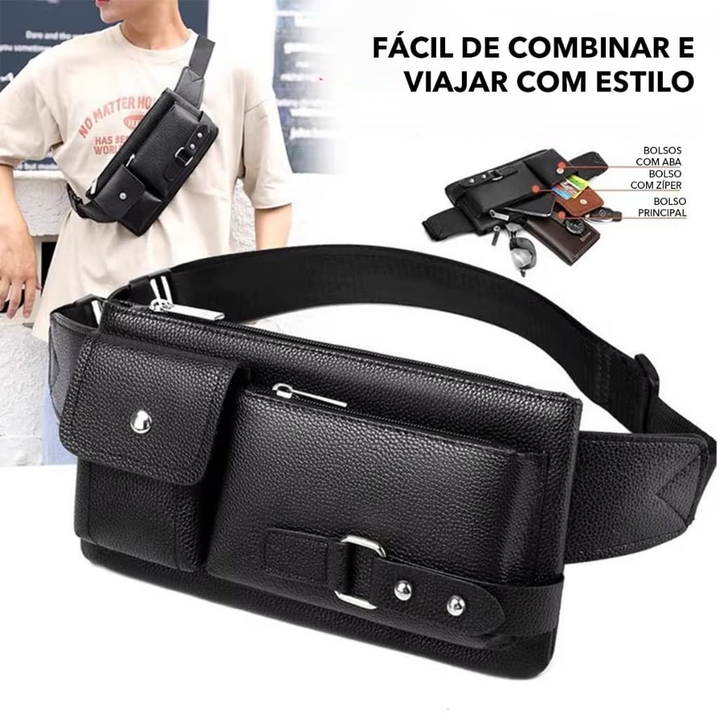 Bolsa de Cintura Masculina de Couro PU Preta para Negócios e Viagem Casual
