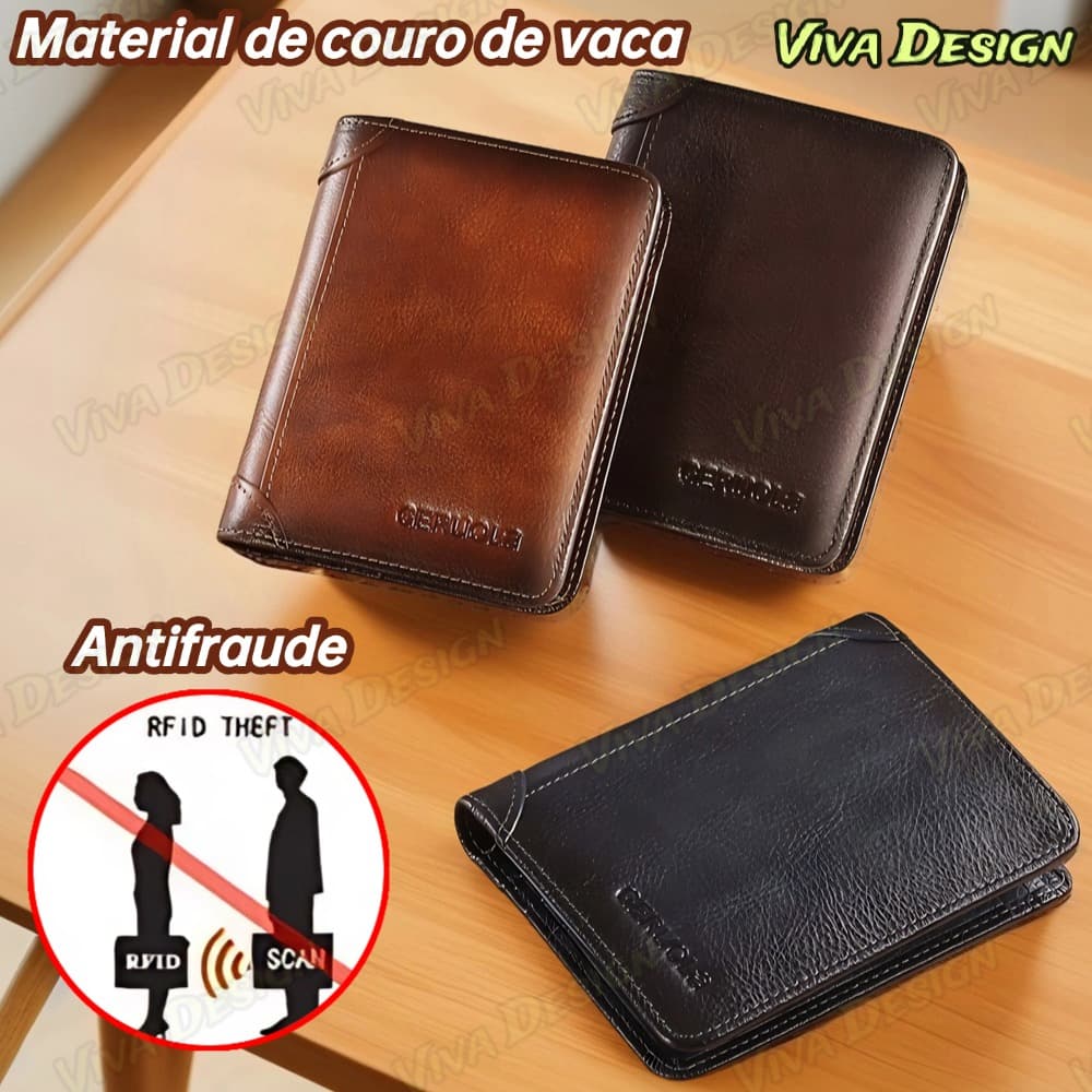 Carteira Antifurto Masculina De Couro Legítimo Vintage De Trifold E Bifold À Escolha RFID anti-roubo