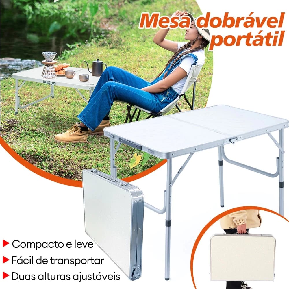 Mesa Dobrável Portátil 120*60*70cm em Alumínio｜Transforma-se em Maleta de Viagem｜Tampo em MDF Ideal para Praia e Camping