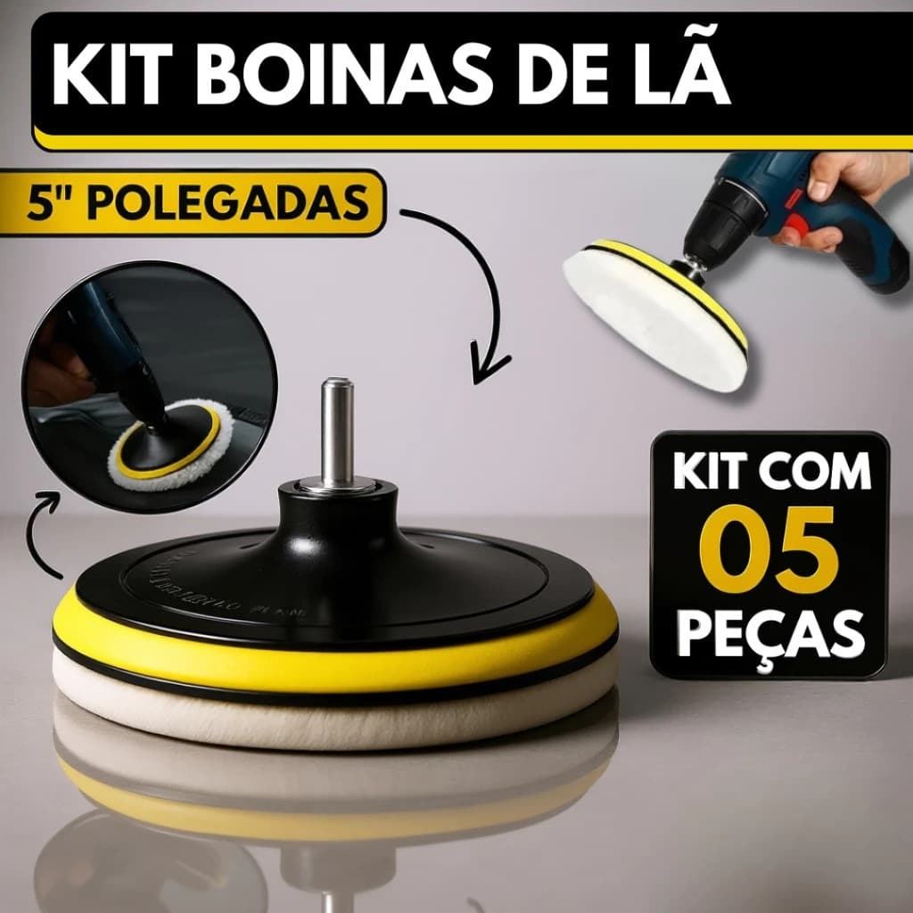 Kit Boina Lã Polimento Automotivo 125mm 5 Polegadas Com Suporte Velcro Para Politriz Furadeira e Parafusadeira