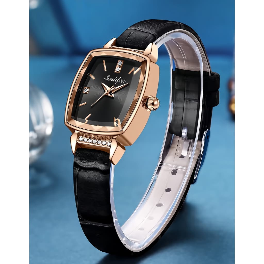 Sunlifex relógio feminino de quartzo, pulseira de couro à prova d'água, joias da moda, mostrador requintado 8008