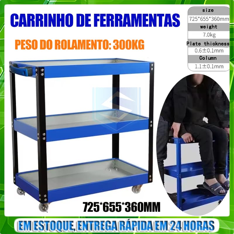 Carrinho De Ferramentas Mecanico Com 3 Prateleiras