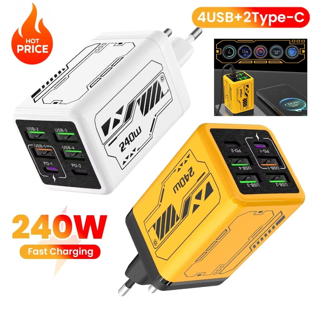 240W 6 Portas De Carregamento Super Rápido 4USB + 2tipo C Carregador De Celular USB3.0 PD3.0 Ue/Eua