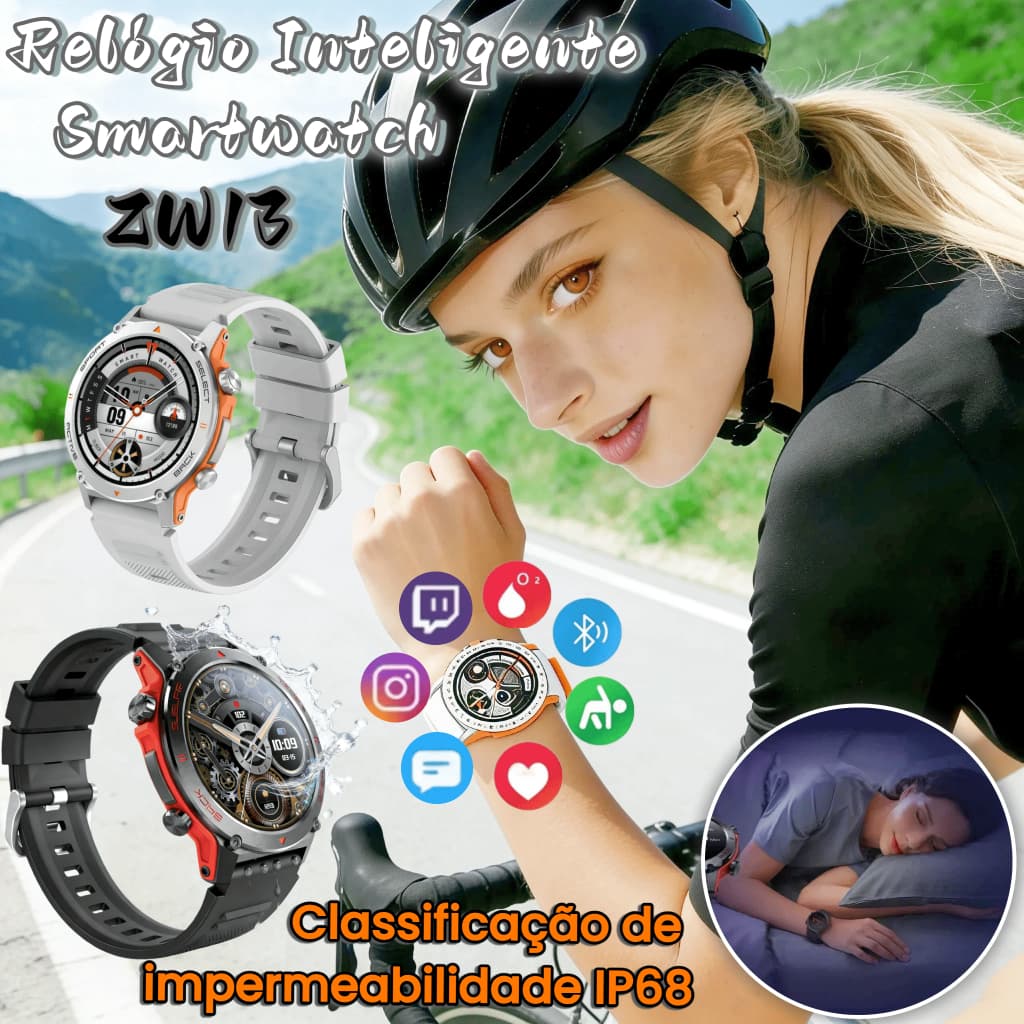 Relógio Inteligente Smartwatch ZW13 A Prova D'água Redondo Monitor de Saúde e 110 Modos Esportivos Feminino e Masculino