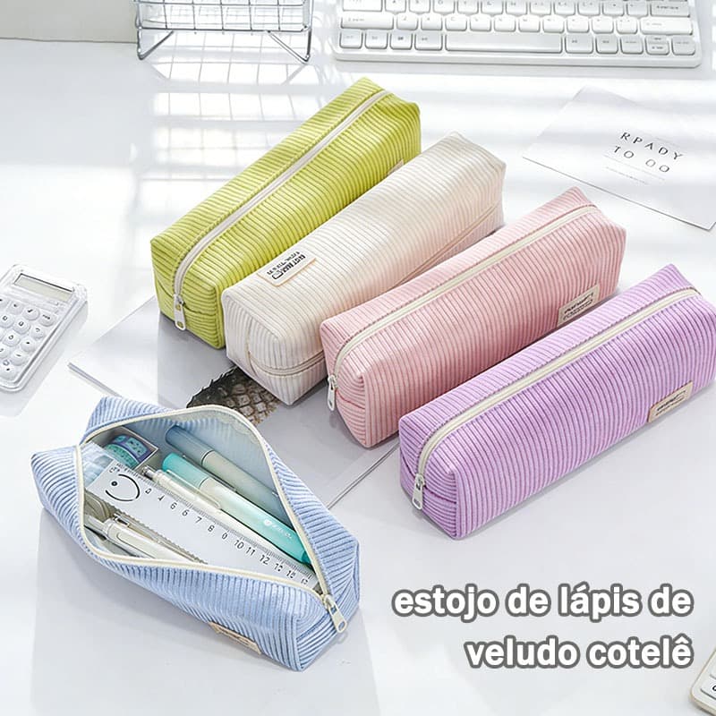 Necessaire Fofa em Veludo Cotelê Cores Macaron - Estilo Coreano, Estojo para Lápis e Material Escolar