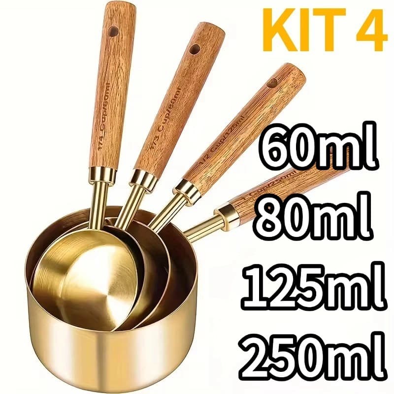 Conjunto de xícaras medidoras em aço inoxidável com cabo de madeira – 60/80/125/250ml