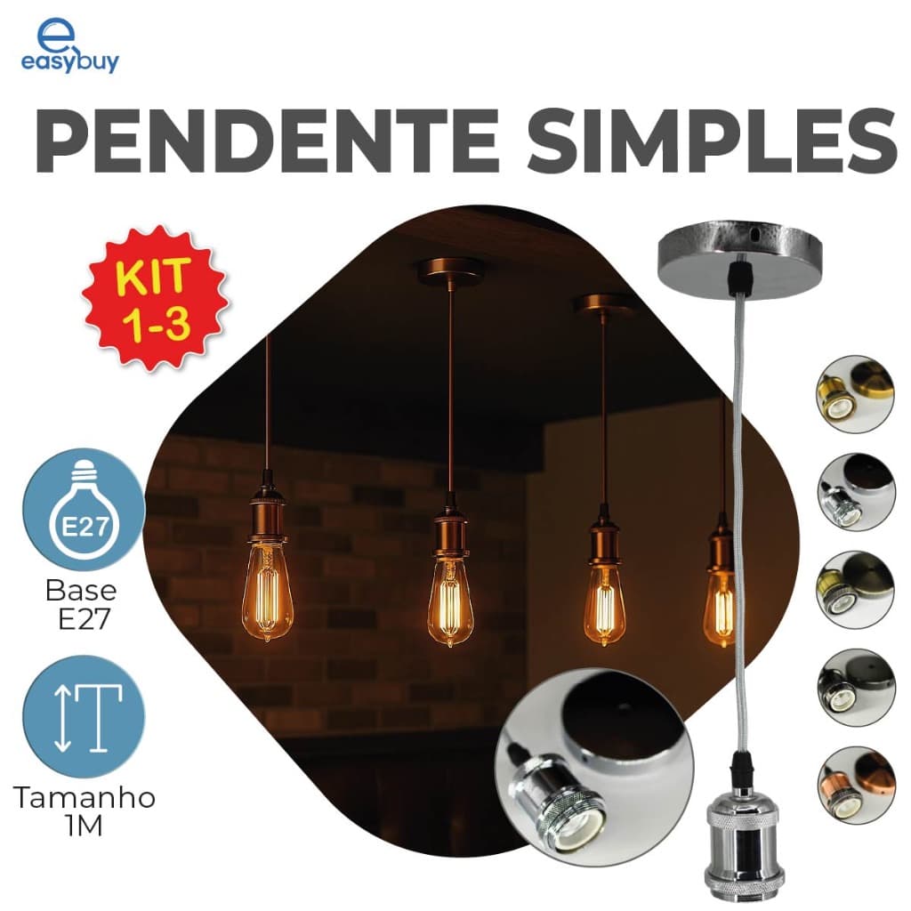 kit 1-3 Iluminação Pendente Simples 1m Modelo Moderno e27 110v-220v bivolt
