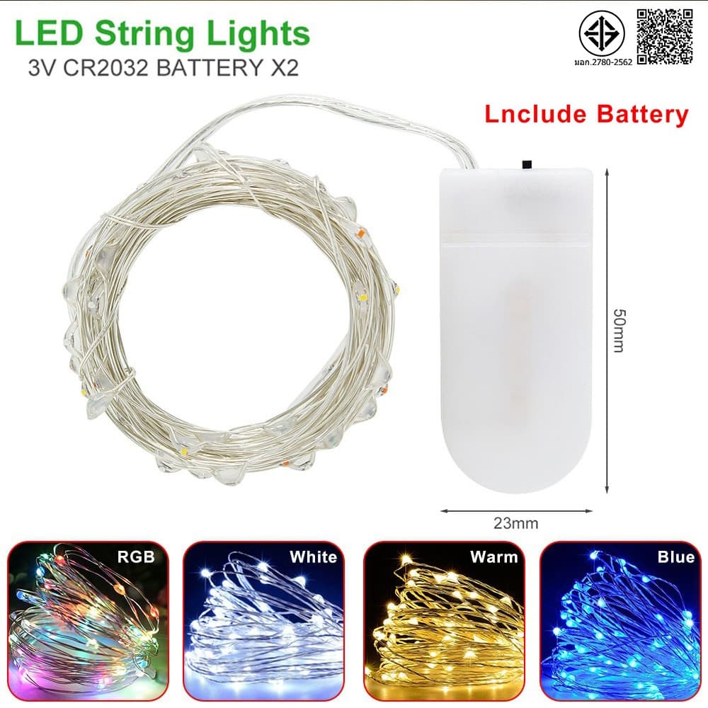 5M Cordão De Luzes De Claro LED De 2xcr2032 Bateria Operado (Inclusa)