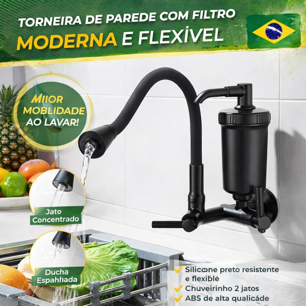 Torneira com Filtro Flexível Cozinha Parede Preta All black c/ Ducha 2 Jatos