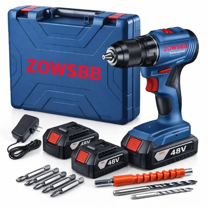 Profissional Furadeira parafusadeira 2 Baterias ZOWSBB 48v furadeira de impacto elétrica com kit de acessórios