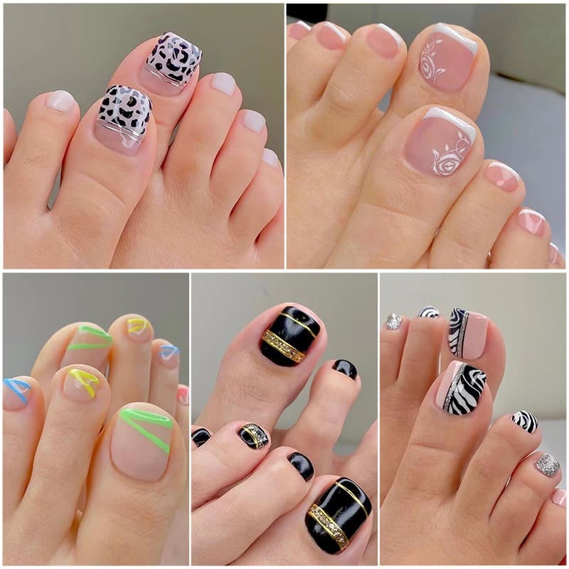 Flor Impressão Falso Toe Prego 24 Pçs Unhas Falsas Conjunto Acrílico Reutilizável Decorado Ponta Do Verão Encantos