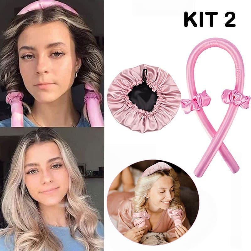 Kit com Touca de Cetim Dupla Face + Modelador de Cachos em Cetim Sem Calor com 2 Scrunchies – Antifrizz e Conforto