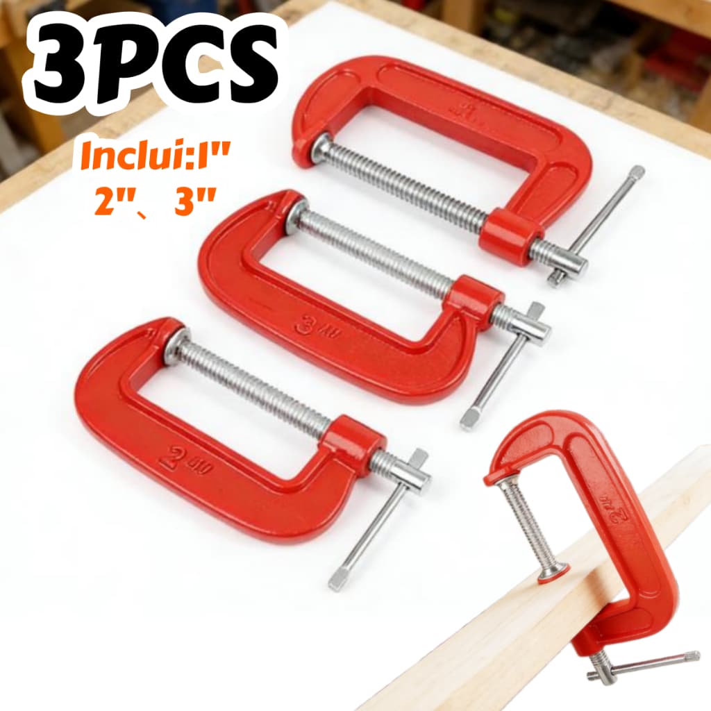 Jogo De Grampos Sargento Tipo C 1" / 2" / 3" Polegadas 3 Peças Marcenaria Carpintaria