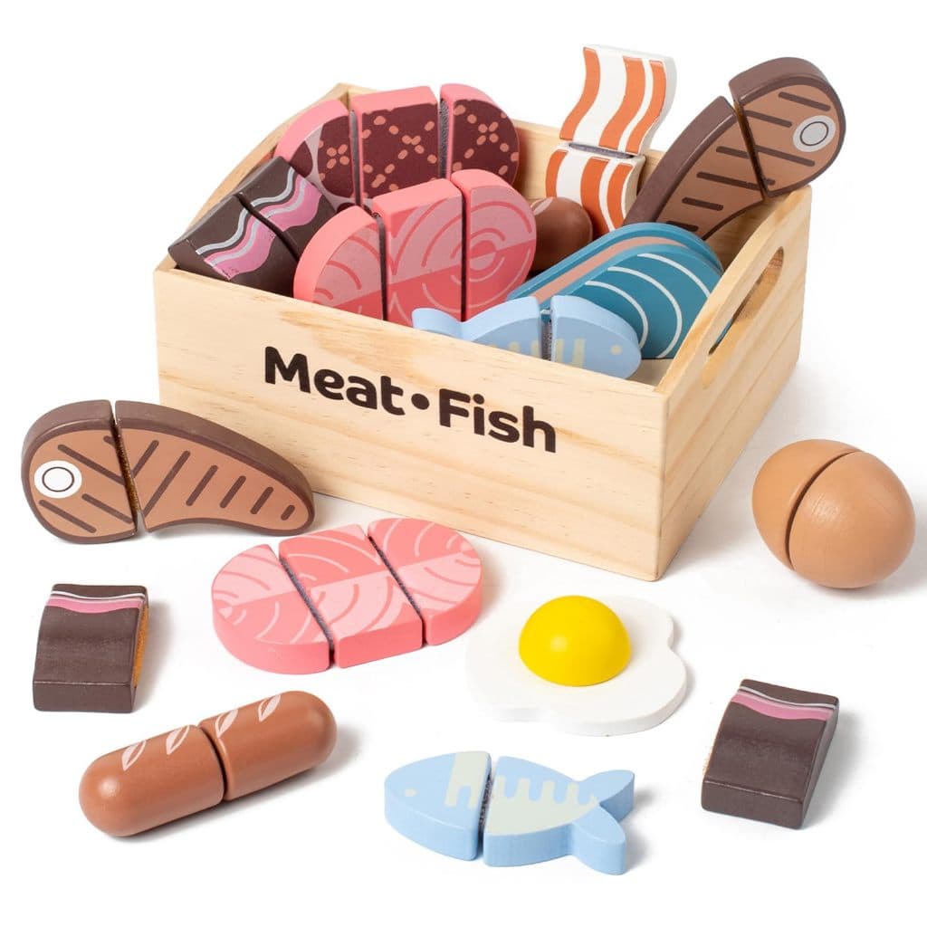 Conjunto De Comida De Madeira Para Brincar De Carne E Peixe Cozinha Infantil , Corte Brinquedo Proteína Realista , Prese