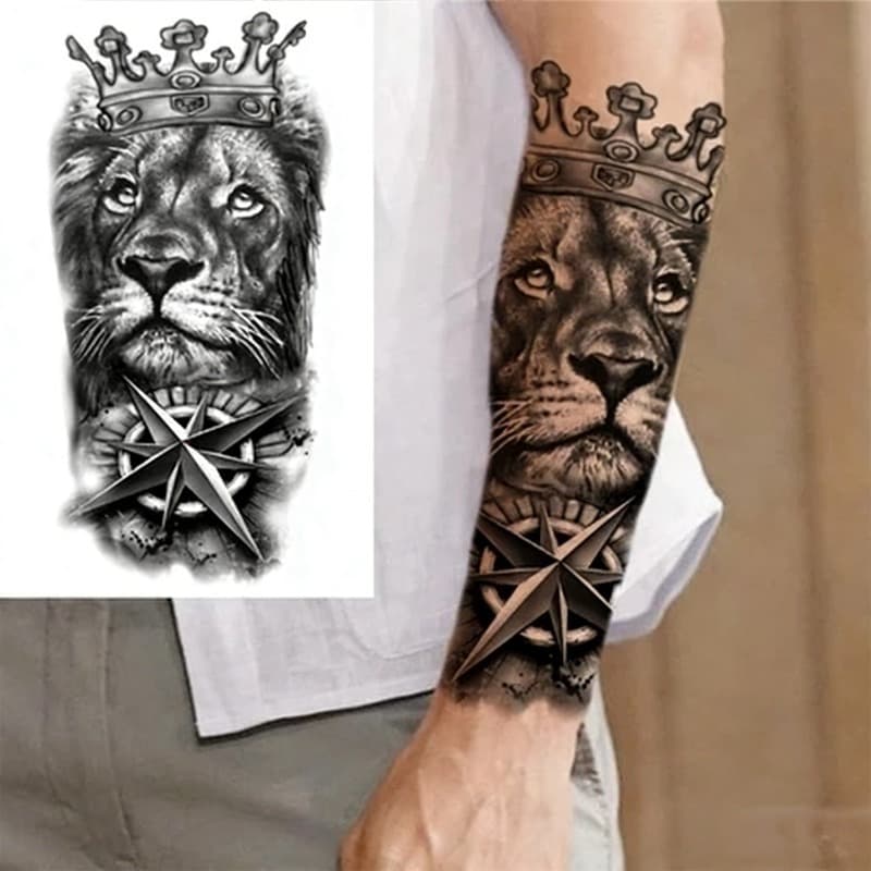 Até  2 Tatuagens Temporárias Realistas Da Coroa Do Leão Compasso Para Homens Tatuagem Falsa Arte Corporal À Pr