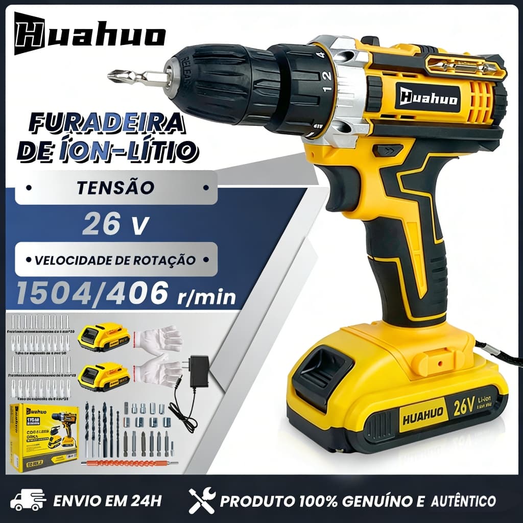 Parafusadeira Furadeira De Impacto Sem Fio 26V 1/2 Baterias Com Maleta e Acessórios Completo