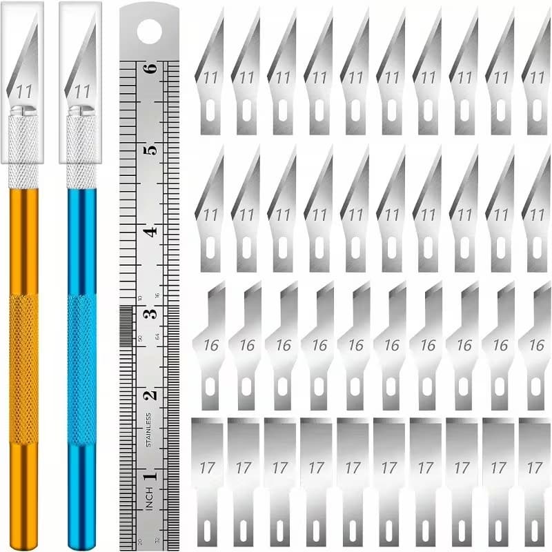 Kit Estilete De Precisão Cortador Manual Bisturi 40 Laminas + 1 Régua de aço inox Artesanato