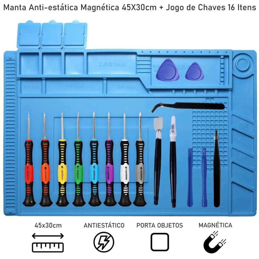 Kit Manta Antiestática Magnética GRANDE 30x45cm + Jogo de Chaves 16 Peças KIT COMPLETO