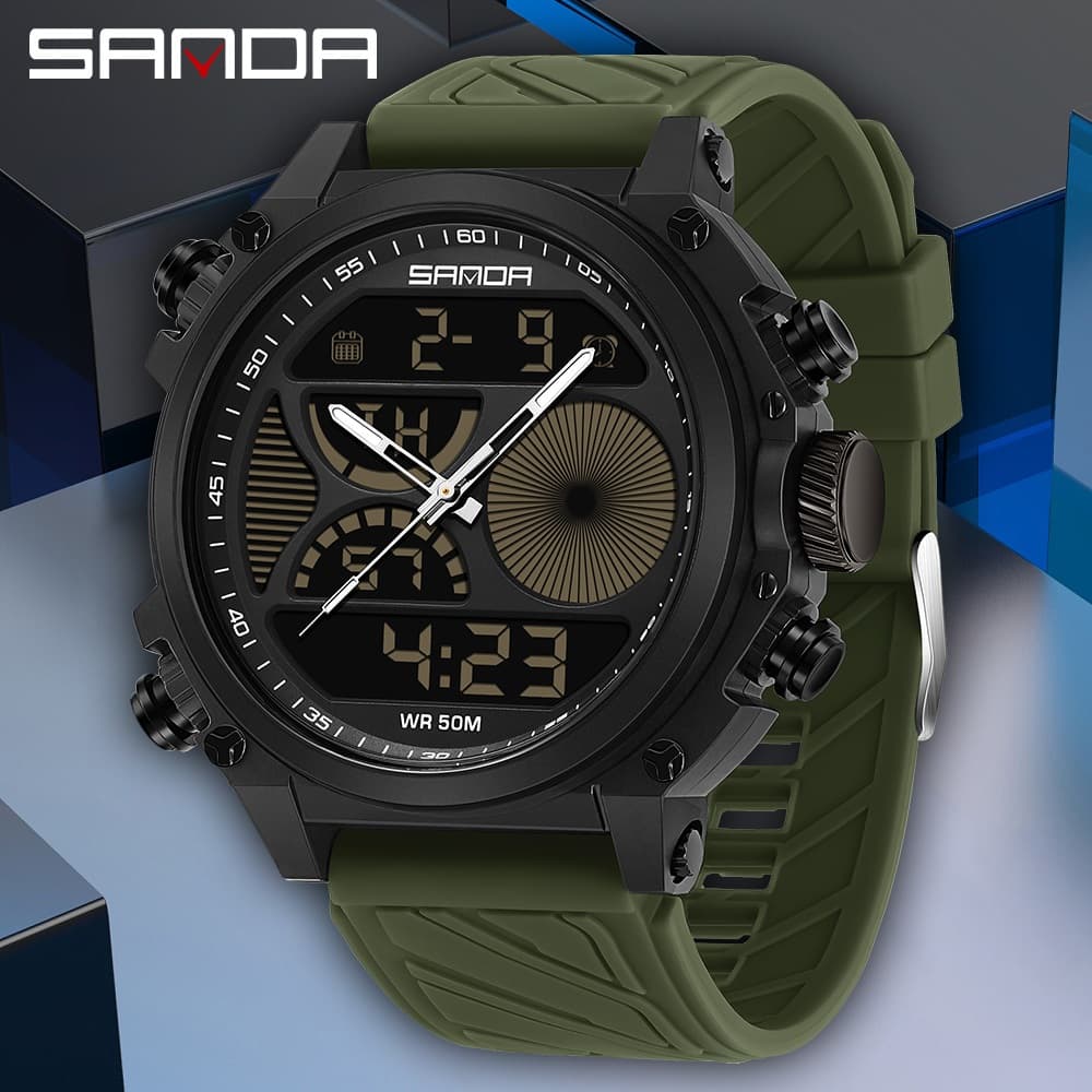 SANDA 6236 Relógio Masculino Para Esportes Ao Ar Livre À Prova D'água , Placa Grande , Display Duplo , Eletrônico Multif