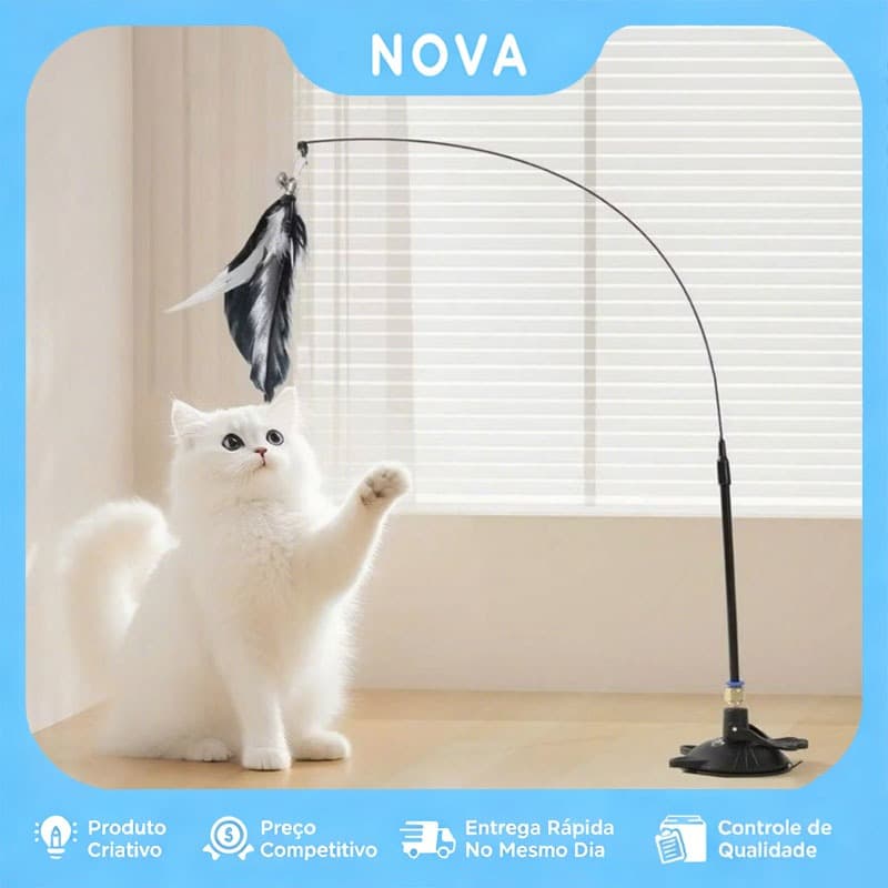 Brinquedo Interativo Varinha Pena Com Ventosa Que Fixa No Chão Para Gatos Adultos e Filhotes