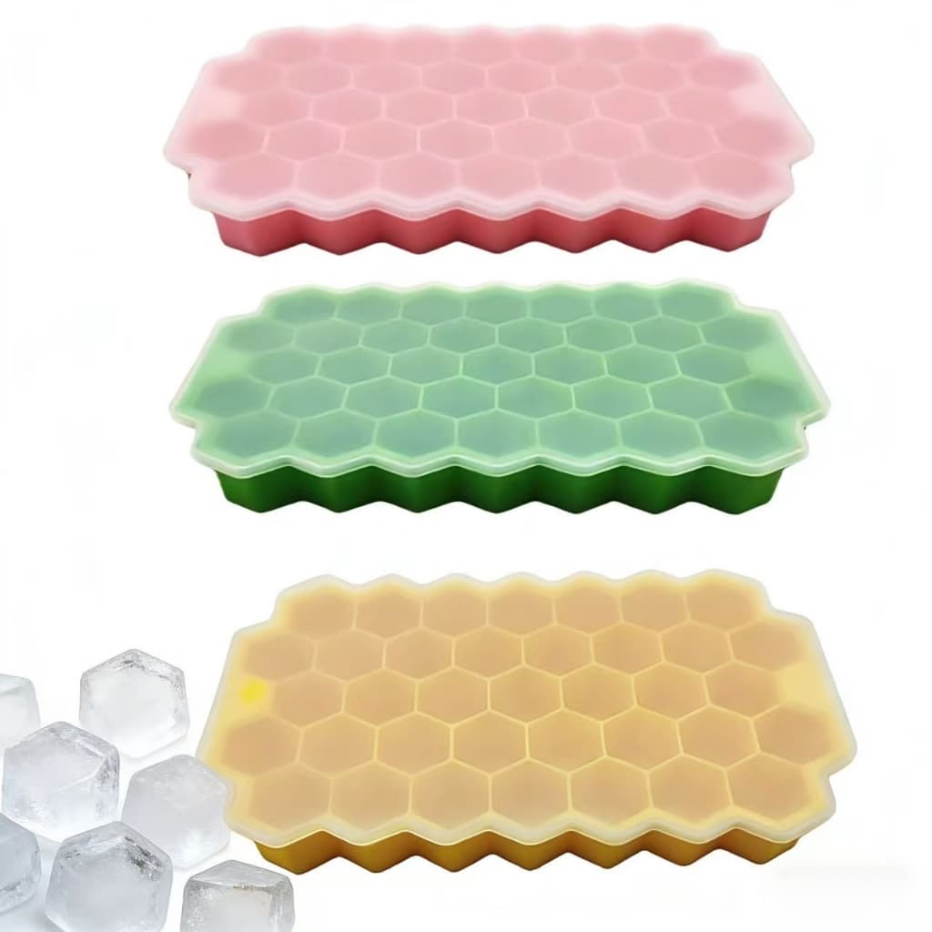 Kit 3 Forma de Gelo Silicone, Com Tampa 111 Cubos Sextavado Hexagono Colméia, para Chocolate Bombom Drink Whisky