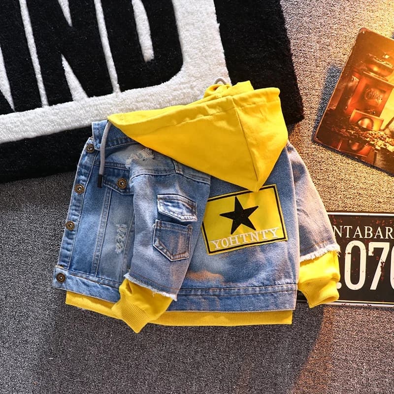 Primavera Outono Denim Jaqueta Para Menino Menina Nova Versão Coreana Moda Retalhos Com Capuz Casaco De Cowboy Casual Ro