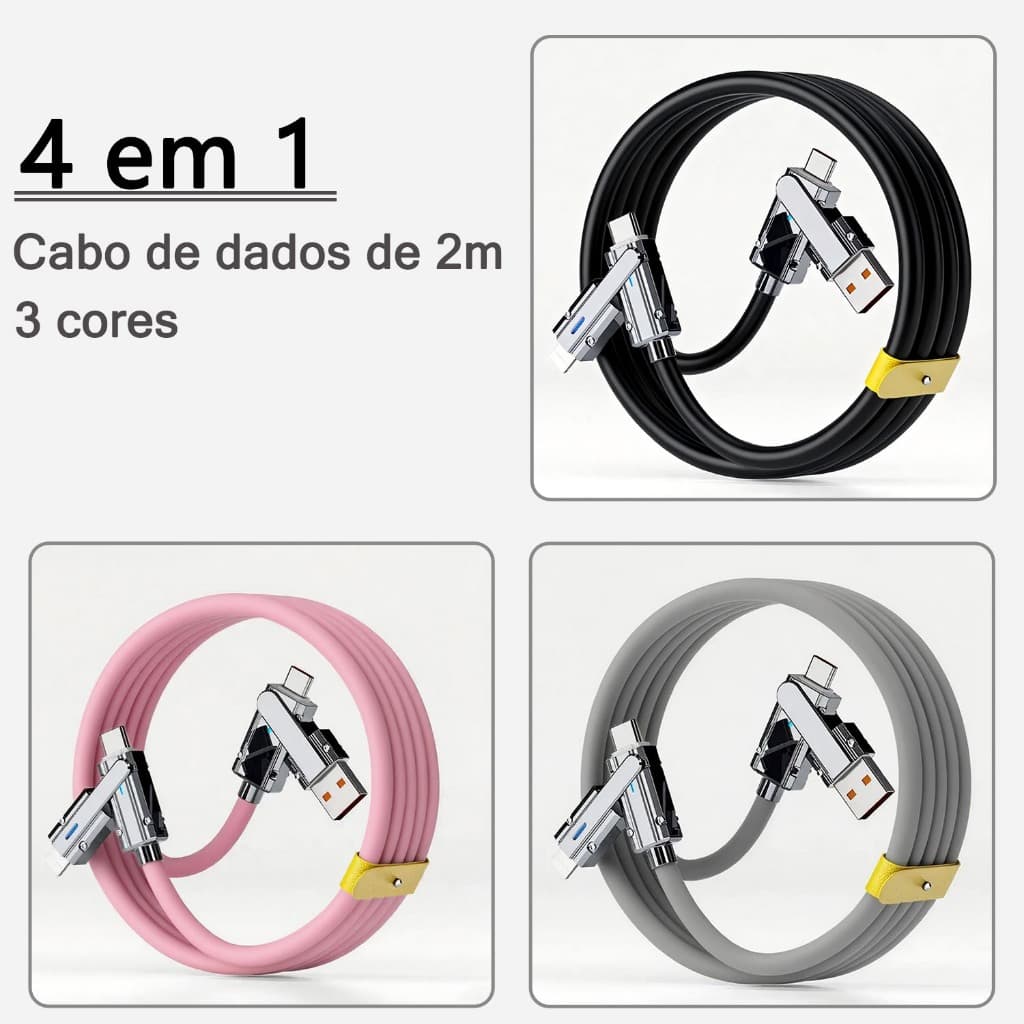 Cabo Multifuncional 4 Em 1 De 2m-Carga Rápida De 100 W , Conector Giratório , Perfeito Para Carros E Jogos