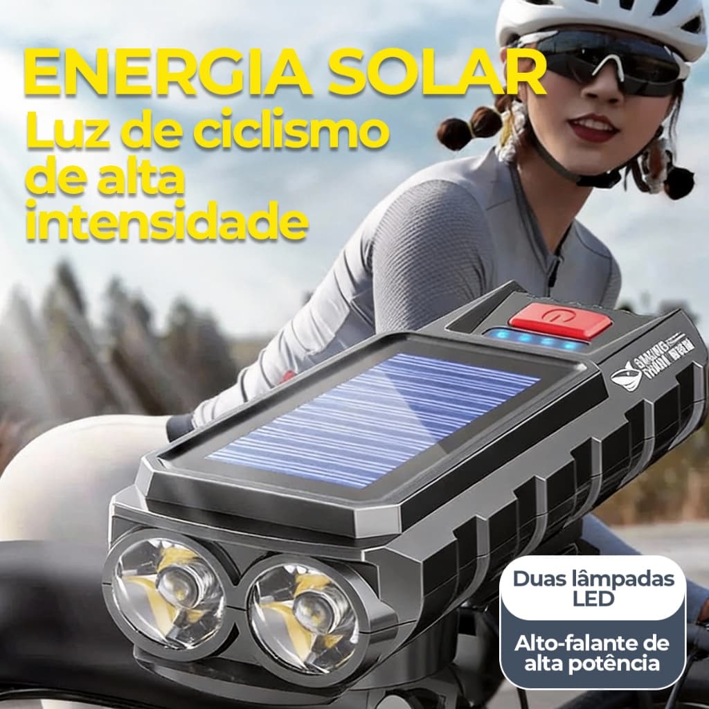 Luz De Bicicleta De Dupla Movida A Energia Solar-Farol De Tiro Longo De Alto Brilho Com Buzina Para Passeios Noturnos