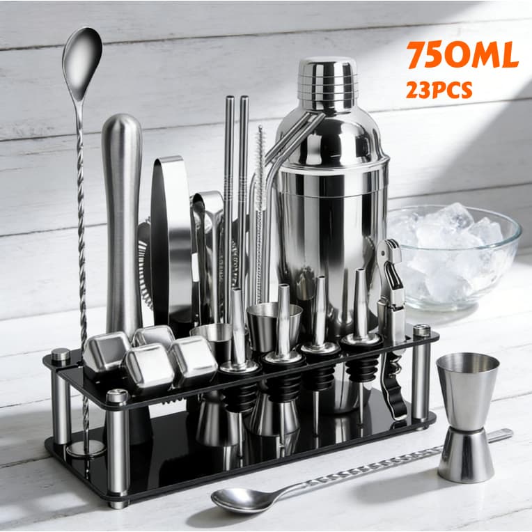 Kit Coqueteleira Profissional 23pcsTorre De Caipirinha Em Aço Inox304Kit Bartender 750ml Com Prateleira De Armazenamento