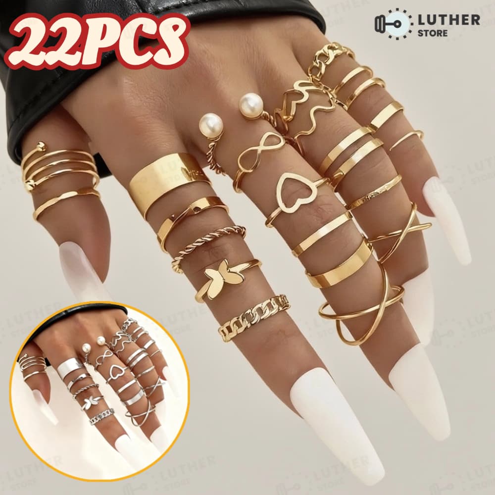 22 pçs Conjunto De Anel De Dourado Vintage Mulheres Conjunto De Anel De Dedo Joias Acessórios-KIT22