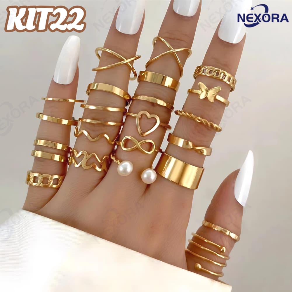 22 pçs Conjunto De Anel De Dourado Vintage Mulheres Conjunto De Anel De Dedo Joias Acessórios-KIT22