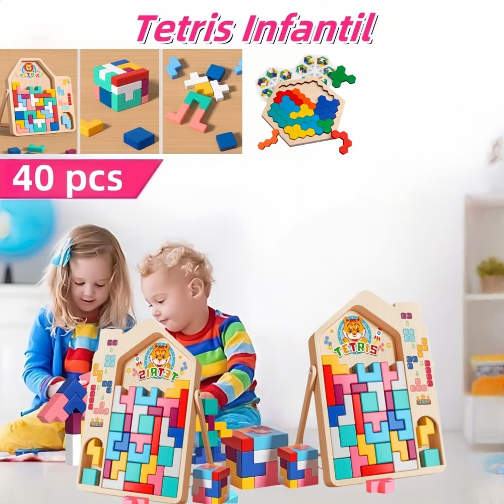 Tetris Infantil Colorido Tetris jogo de mesa, Quebra Cabeça de Madeira Infantil Montessori Brinquedo Educativo Infantil