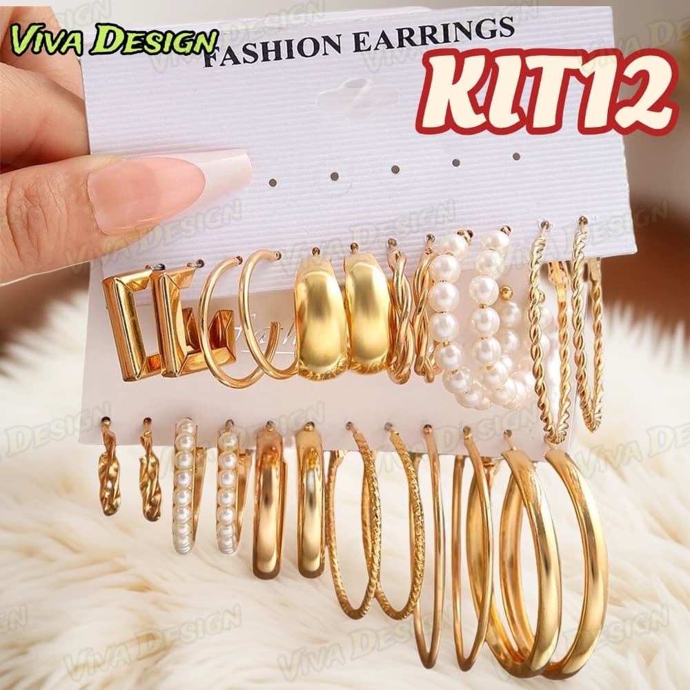 KIT12 Conjunto Elegante Brinco Com Argola De Ouro Brincos De Pérola Para Mulheres Joias Acessórios 12PCS