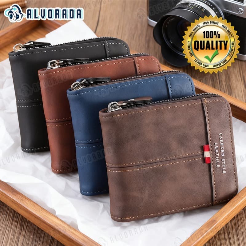 Carteira Curta Masculina Com Padrão De Pedra-Bolso Para Moedas Zíper Vários Cartões E Bordas Costuradas--AL
