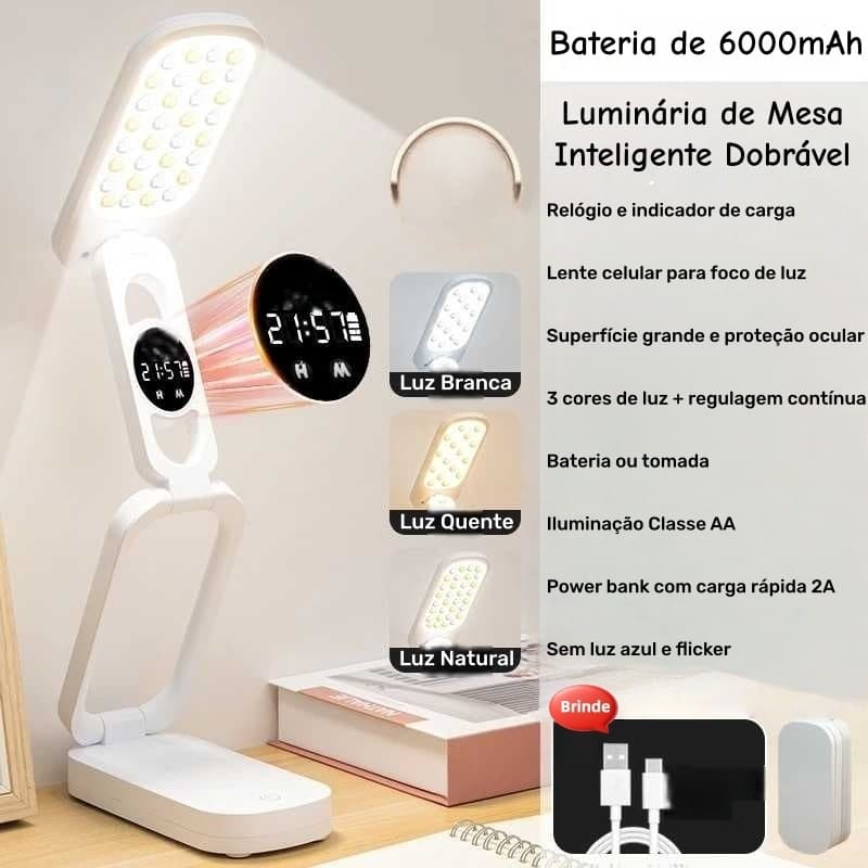 Luminária de Mesa Triplo Dobrável com Recarga USB - Portátil, Compacta e que Não Ocupa Espaço - Ideal para Leitura na