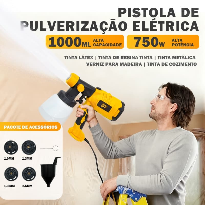 Pistola de Pintura Elétrica de Alta Potência  750W com 4 Bicos e Recipiente de 1 Litro​​